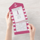 Nautical Pink and White Stripes All In One Uitnodiging (Afscheurbaar)