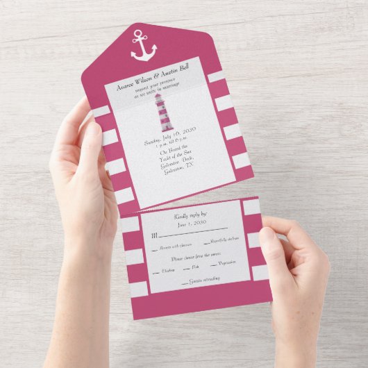 Nautical Pink and White Stripes All In One Uitnodiging (Afscheurbaar)
