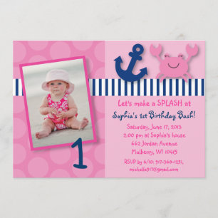 Nautical Pink Crab Birthday Invitations Kaart