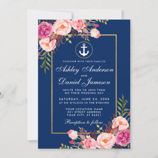 Nautical Pink Floral Blue Gold Wedding Kaart (Voorkant)