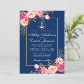 Nautical Pink Floral Blue Gold Wedding Kaart (Staand voorkant)