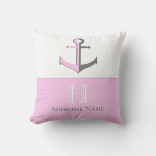 Nautical Pink Grey Anchor Coastal Monogramed Kussen