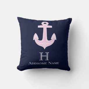 Nautical Pink Grey Anchor Coastal Monogramed Kussen