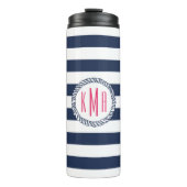 Nautical Pink & Navy Preppy Stripe Monogram Thermosbeker (Voorkant)