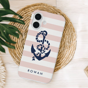 Nautical Pink Stripe & Navy Anchor Specialized iPhone 16 Hoesje