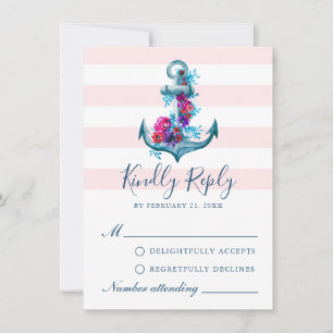 Nautical Pink Stripes Waterverf Anchor RSVP-kaart Advieskaart
