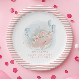 Nautical Pink Whale Jellyfish Girl Baby shower Papieren Bordje