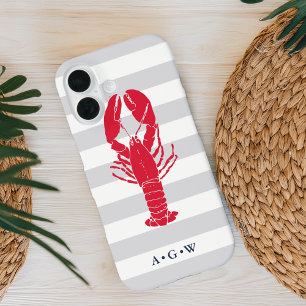 Nautical Preppy Grey Stripe & Lobster Monogram iPhone 16 Hoesje