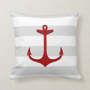 Nautical Red Anchor Grey White Stripes Kussen