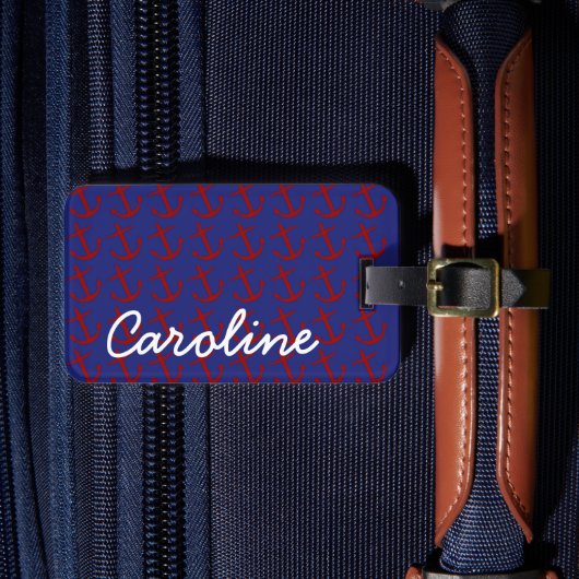 Nautical Red Anchors on Blue Personalized Bagagelabel (Voorkant Insitu 4)