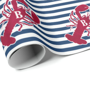 Nautical Red Lobster   Blauwe en witte streep   B Cadeaupapier