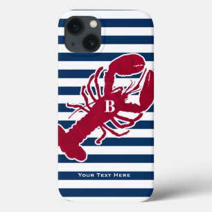 Nautical Red Lobster Monogram Blue White Stripe St iPhone 13 Hoesje