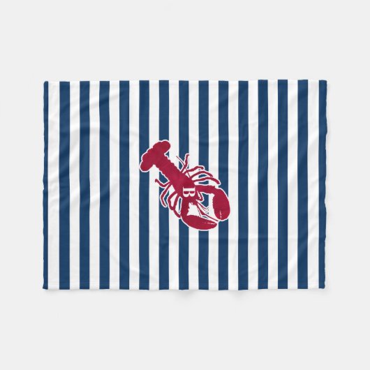 Nautical Red Lobster Monogram Blue White Stripe St Fleece Deken (Voorkant (Horizontaal))