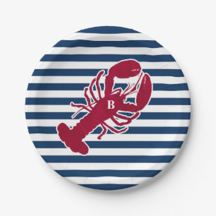 Nautical Red Lobster Monogram Blue White Stripe St Papieren Bordje
