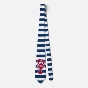 Nautical Red Lobster Monogram Blue White Stripe St Stropdas
