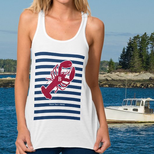 Nautical Red Lobster Monogram Blue White Stripe St Tanktop