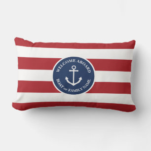 Nautical red striped welcome aboard pillow kussen