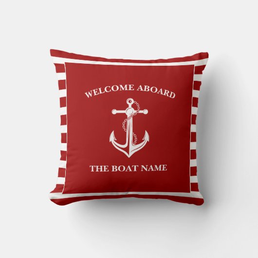 Nautical Red Welcome Aboard Name Anchor Kussen (Voorkant)