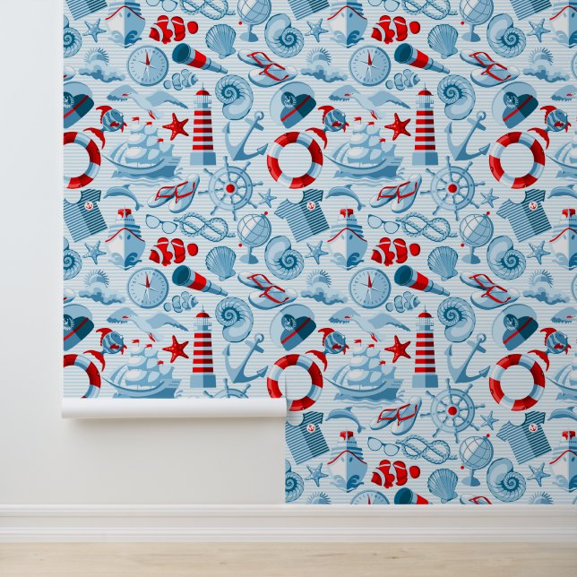 Nautical Red White And Blue Pattern Behang (Applicatie)