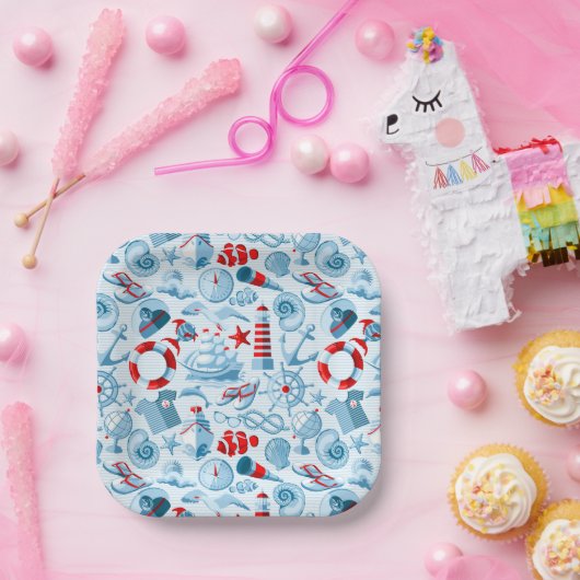 Nautical Red White And Blue Pattern Papieren Bordje (Feest)