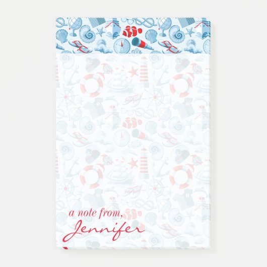 Nautical Red White & Blue Pattern | Jouw namen toe Post-it® Notes (Voorkant)
