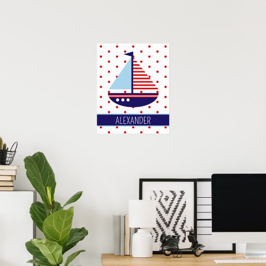 Nautical Red White en Blue Sailboat, op maat gemaa Poster (Thuiskantoor)