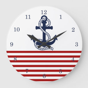 Nautical Red White Stripes en Blue Anchor Grote Klok