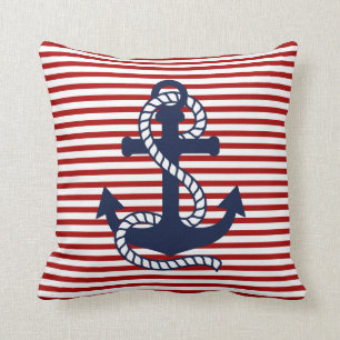 Nautical Red White Stripes en Red Anchor Kussen