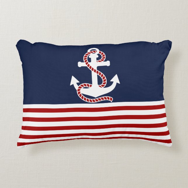 Nautical Red White Stripes en White Anchor Accent Kussen (Voorkant)