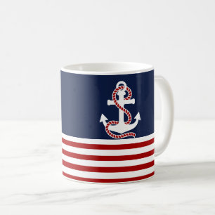 Nautical Red White Stripes en White Anchor Koffiemok