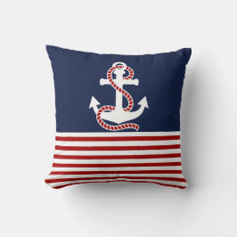 Nautical Red White Stripes en White Anchor Kussen