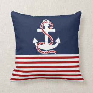 Nautical Red White Stripes en White Anchor Kussen