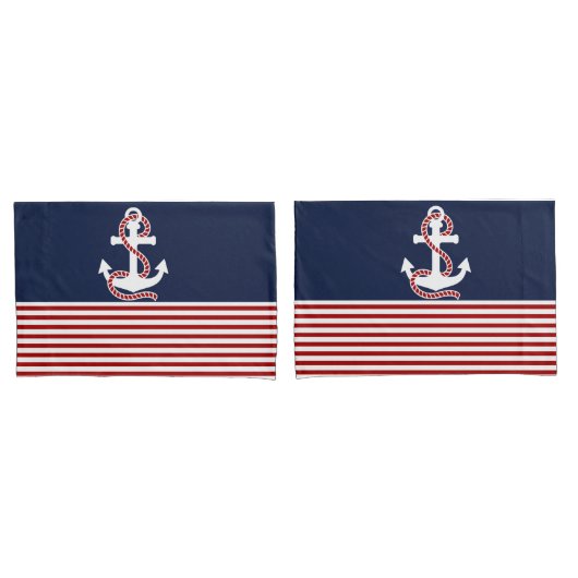 Nautical Red White Stripes en White Anchor Kussensloop (Voorkant-Set)