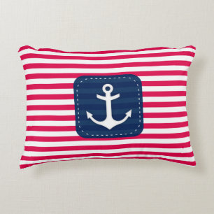 Nautical Red White Stripes Navy Blue Banner Anchor Decoratief Kussen