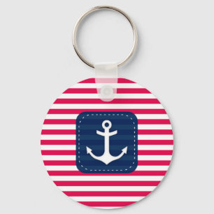 Nautical Red White Stripes Navy Blue Banner Anchor Sleutelhanger
