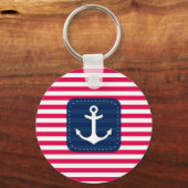 Nautical Red White Stripes Navy Blue Banner Anchor Sleutelhanger (Voorkant)