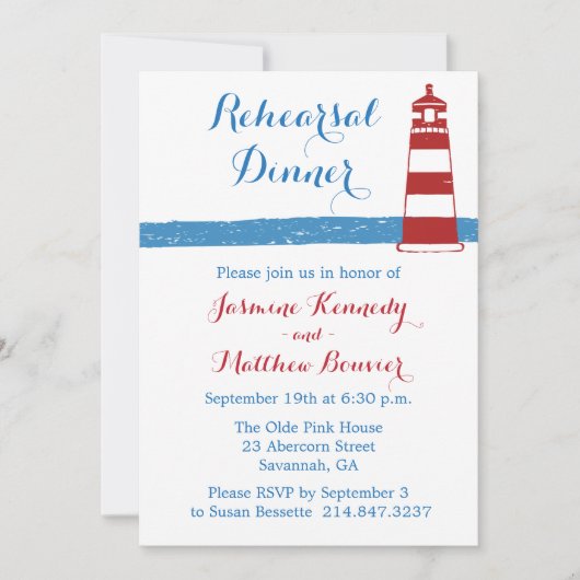 Nautical Rehearings Dinner Lighthouse Blue Stripes Kaart (Voorkant)