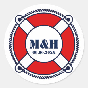 Nautical rescue ringboei monogram trouwsticker ronde sticker