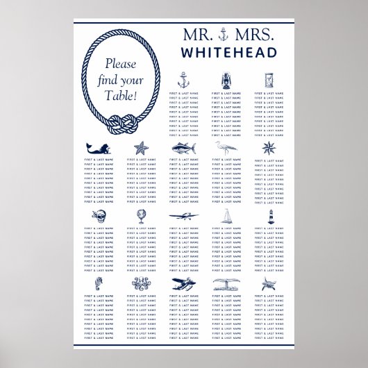 Nautical Rope Wedding Seating 18 Table Chart Poster (Voorkant)