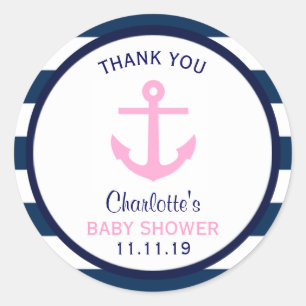 Nautical Roze Navy Blauw Baby shower MEISJE Ronde Sticker