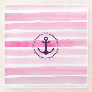 Nautical roze Waterverf Stripes Trendy Anchor Glazen Onderzetter