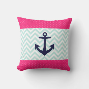 Nautical roze White Mint Chevron Anchor Pattern Kussen