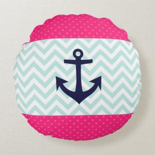 Nautical roze White Mint Chevron Anchor Pattern Rond Kussen