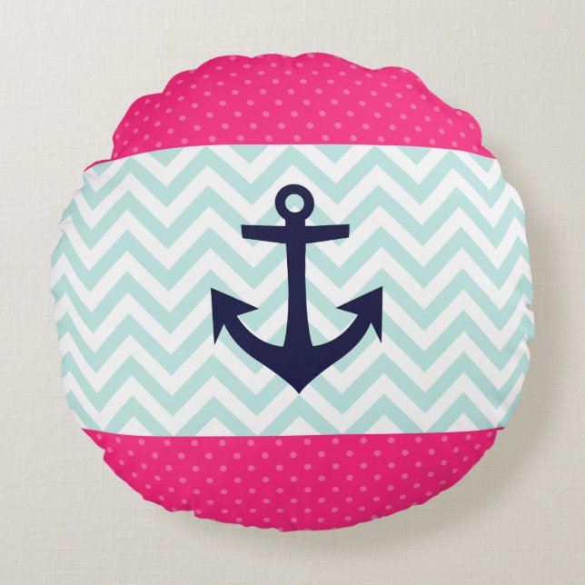 Nautical roze White Mint Chevron Anchor Pattern Rond Kussen (Voorkant)