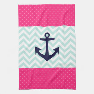 Nautical roze White Mint Chevron Anchor Pattern Theedoek
