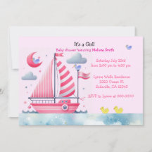Nautical Roze Zeilboot Baby Meisje Shower Uitnodig