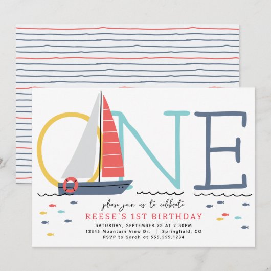 Nautical Sailboat 1er Anniversaire Invitation (Devant / Derrière)