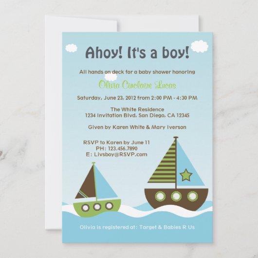 Nautical Sailboat Baby Boy Baby shower Uitnodiging (Voorkant)