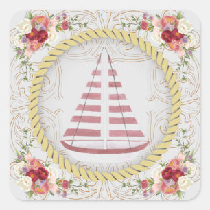 Nautical Sailboat & Floral Roseate Vierkante Sticker