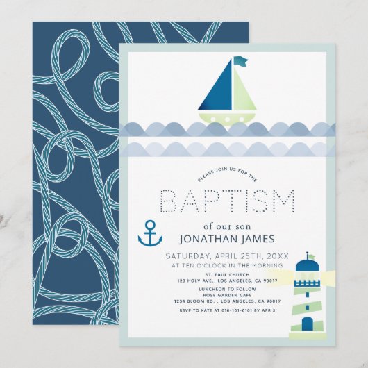 Nautical Sailboat & Lighthouse Blue Boy Baptisme Kaart (Voorkant / Achterkant)